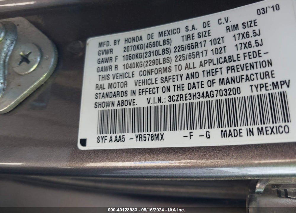 2010 HONDA CR-V LX VIN: 3CZRE3H34AG703200