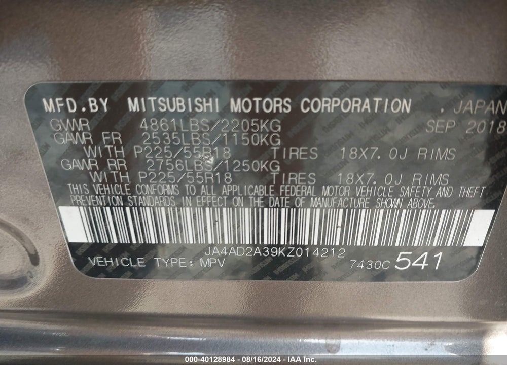 2019 MITSUBISHI OUTLANDER ES VIN: JA4AD2A39KZ014212