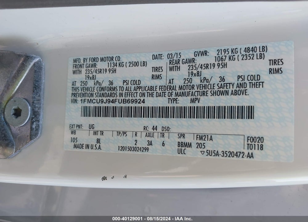 2015 FORD ESCAPE TITANIUM VIN: 1FMCU9J94FUB69924