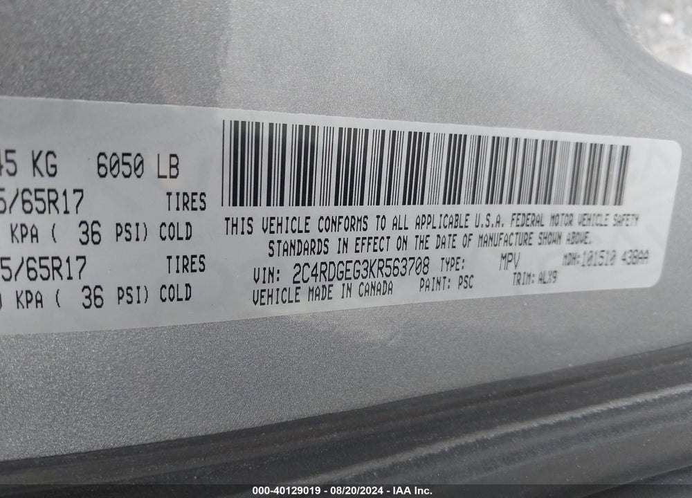 2019 DODGE GRAND CARAVAN VIN: 2C4RDGEG3KR563708