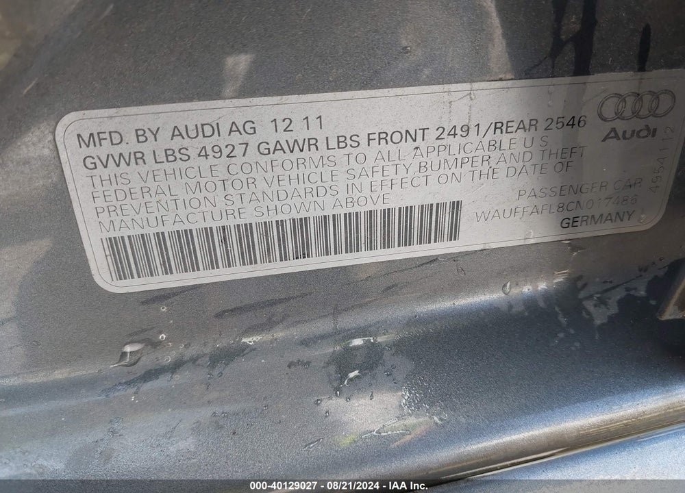 2012 AUDI A4 2.0T PREMIUM VIN: WAUFFAFL8CN017486