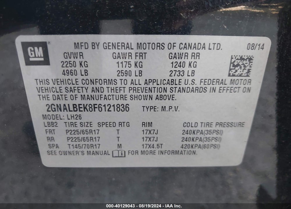 2015 CHEVROLET EQUINOX 1LT VIN: 2GNALBEK8F6121836