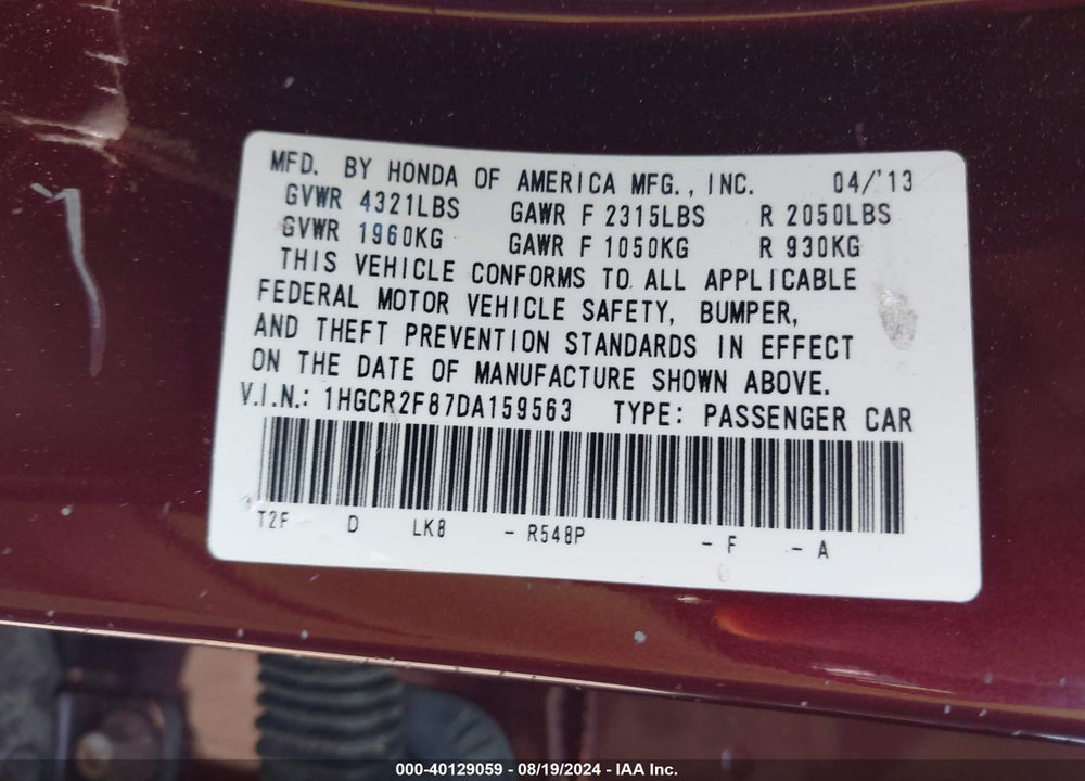 2013 HONDA ACCORD EX-L VIN: 1HGCR2F87DA159563
