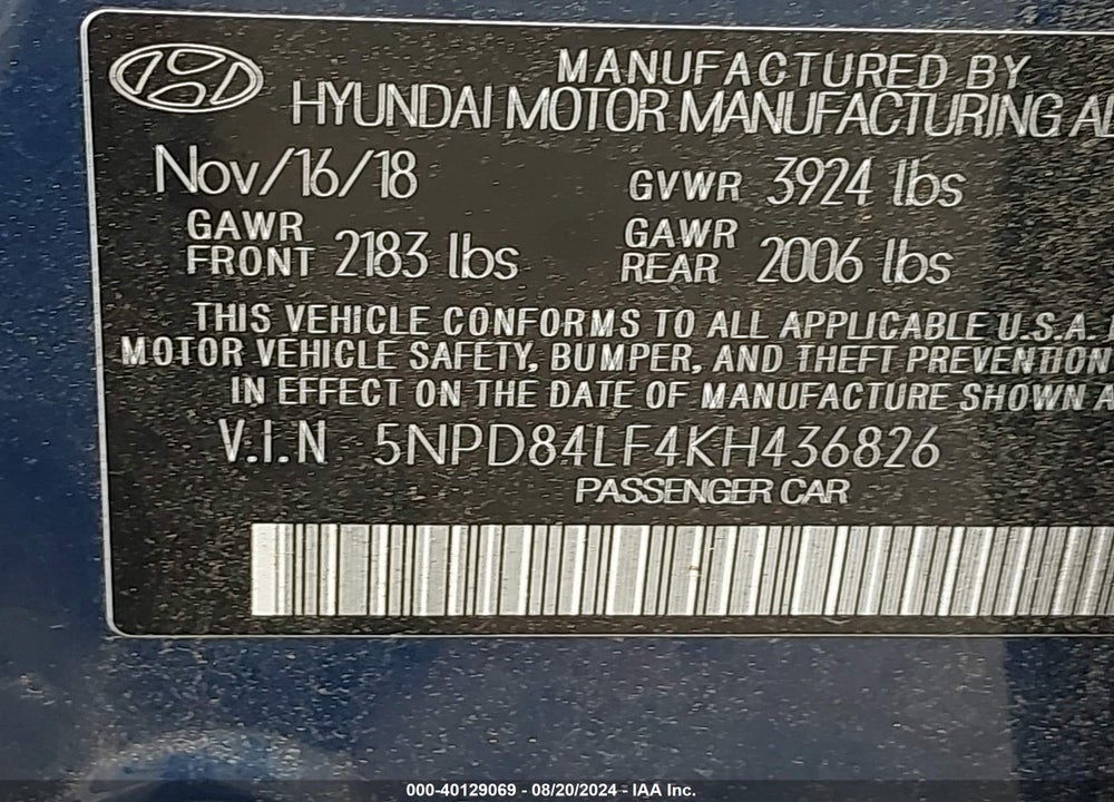 2019 HYUNDAI ELANTRA SEL VIN: 5NPD84LF4KH436826