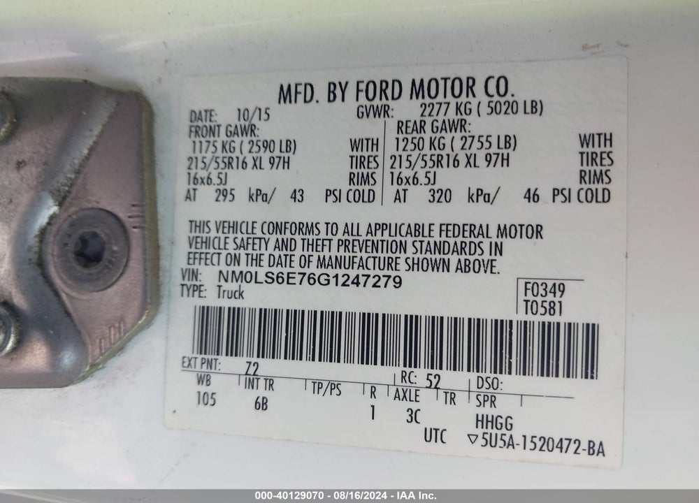 2016 FORD TRANSIT CONNECT XL VIN: NM0LS6E76G1247279