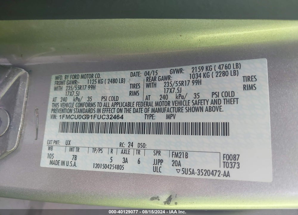 2015 FORD ESCAPE SE VIN: 1FMCU0G91FUC32464
