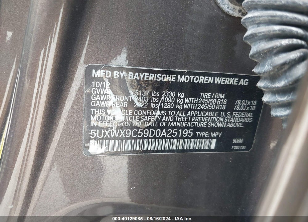 2013 BMW X3 XDRIVE28I VIN: 5UXWX9C59D0A25195