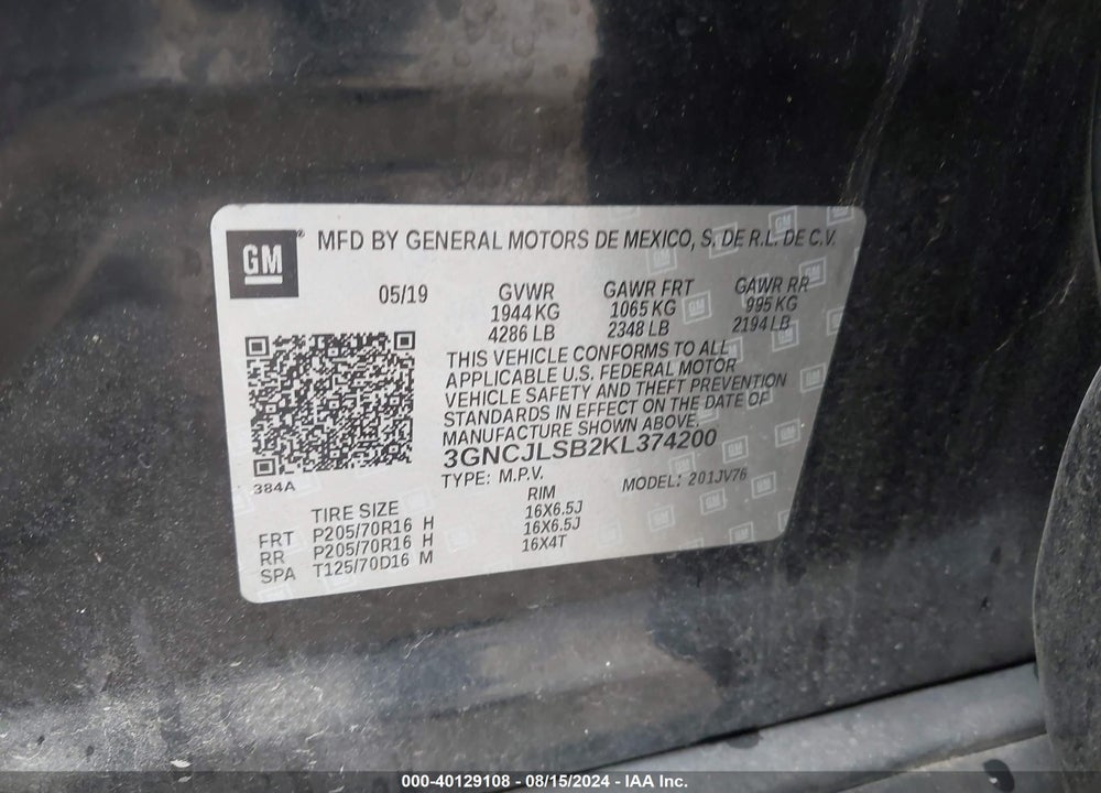 2019 CHEVROLET TRAX LT VIN: 3GNCJLSB2KL374200