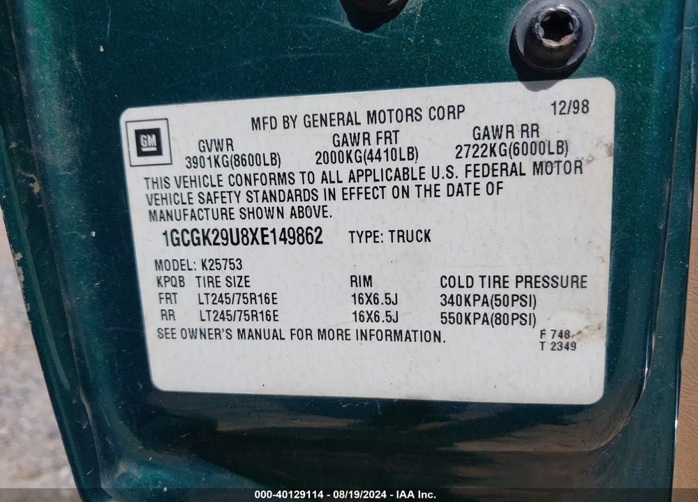 1999 CHEVROLET SILVERADO 2500 VIN: 1GCGK29U8XE149862