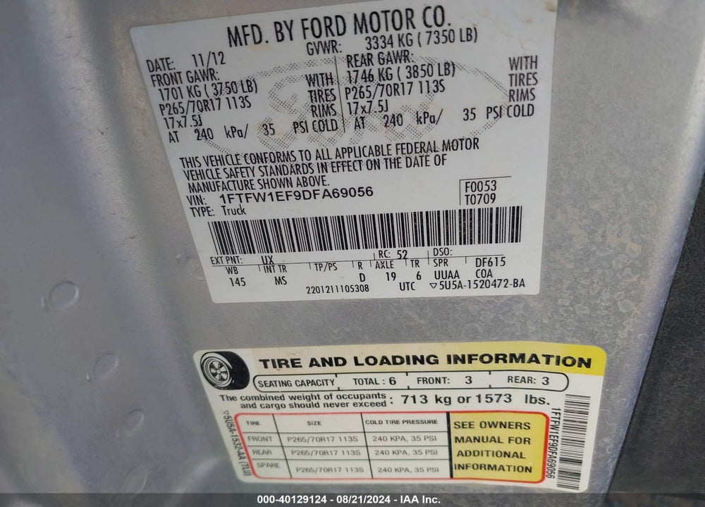 2013 FORD F-150 XLT VIN: 1FTFW1EF9DFA69056