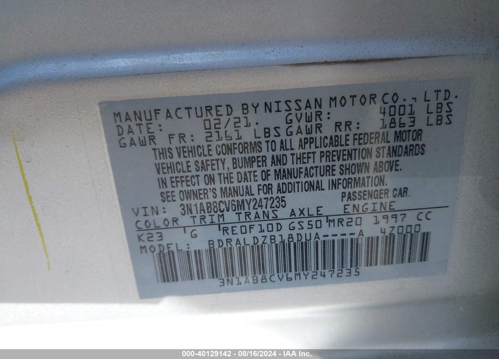 2021 NISSAN SENTRA SV XTRONIC CVT VIN: 3N1AB8CV6MY247235