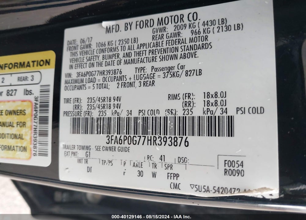 2017 FORD FUSION S VIN: 3FA6P0G77HR393876