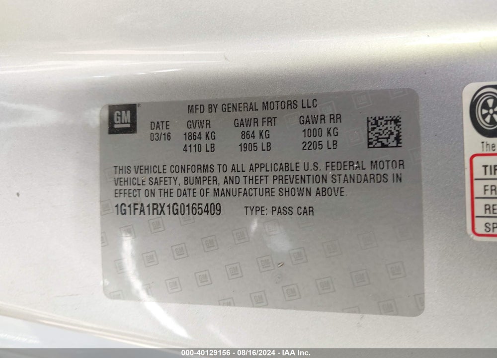 2016 CHEVROLET CAMARO 1LT VIN: 1G1FA1RX1G0165409