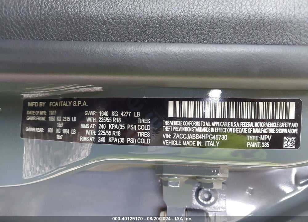 2017 JEEP RENEGADE ALTITUDE FWD VIN: ZACCJABB4HPG46730
