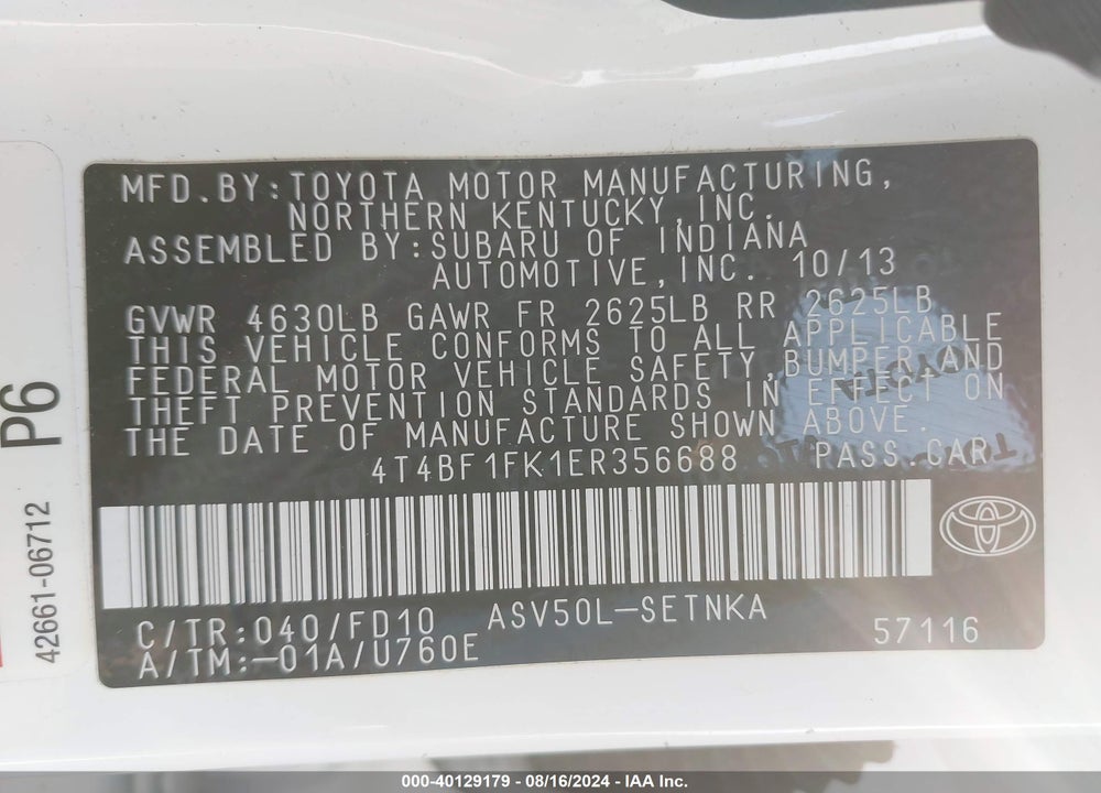2014 TOYOTA CAMRY LE VIN: 4T4BF1FK1ER356688