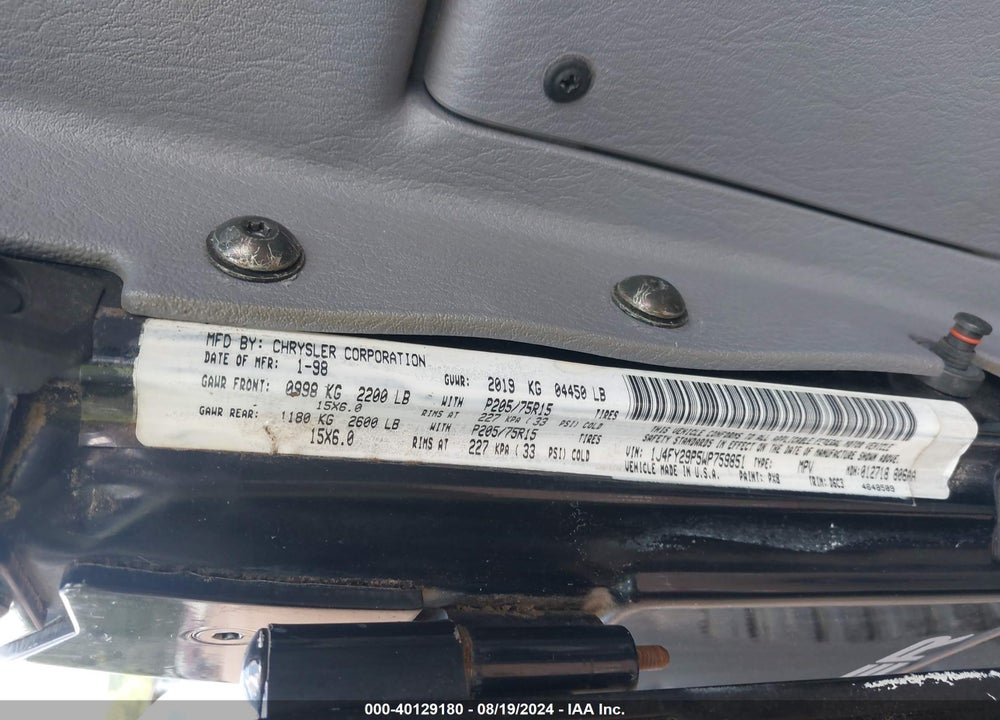 1998 JEEP WRANGLER SE VIN: 1J4FY29P5WP759851