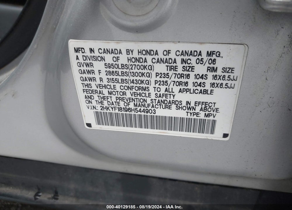 2006 HONDA PILOT VIN: 2HKYF18196H544903