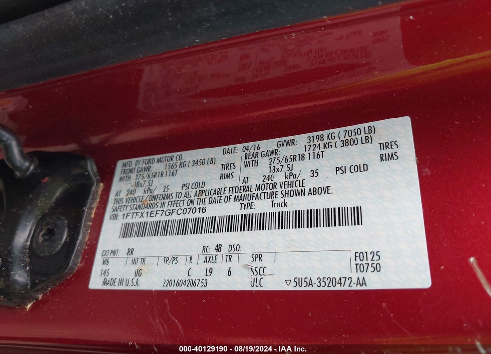2016 FORD F-150 XLT VIN: 1FTFX1EF7GFC07016