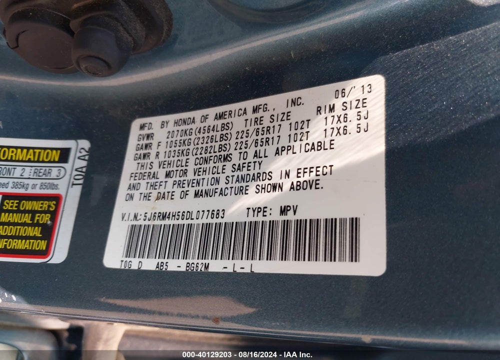 2013 HONDA CR-V EX VIN: 5J6RM4H56DL077683