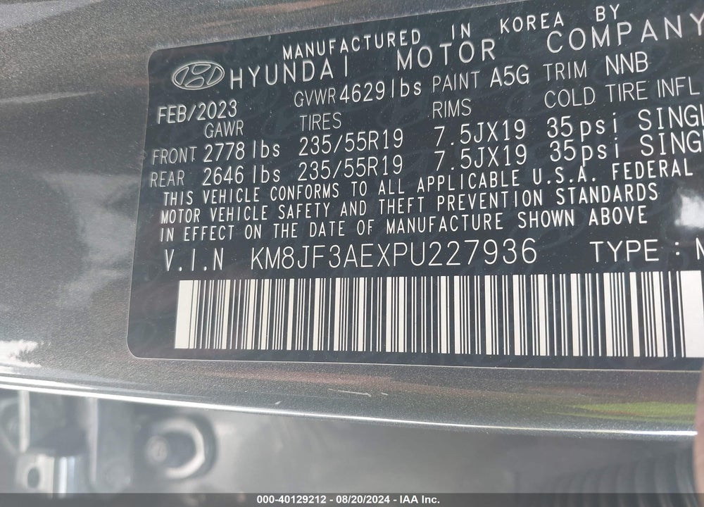 2023 HYUNDAI TUCSON XRT VIN: KM8JF3AEXPU227936