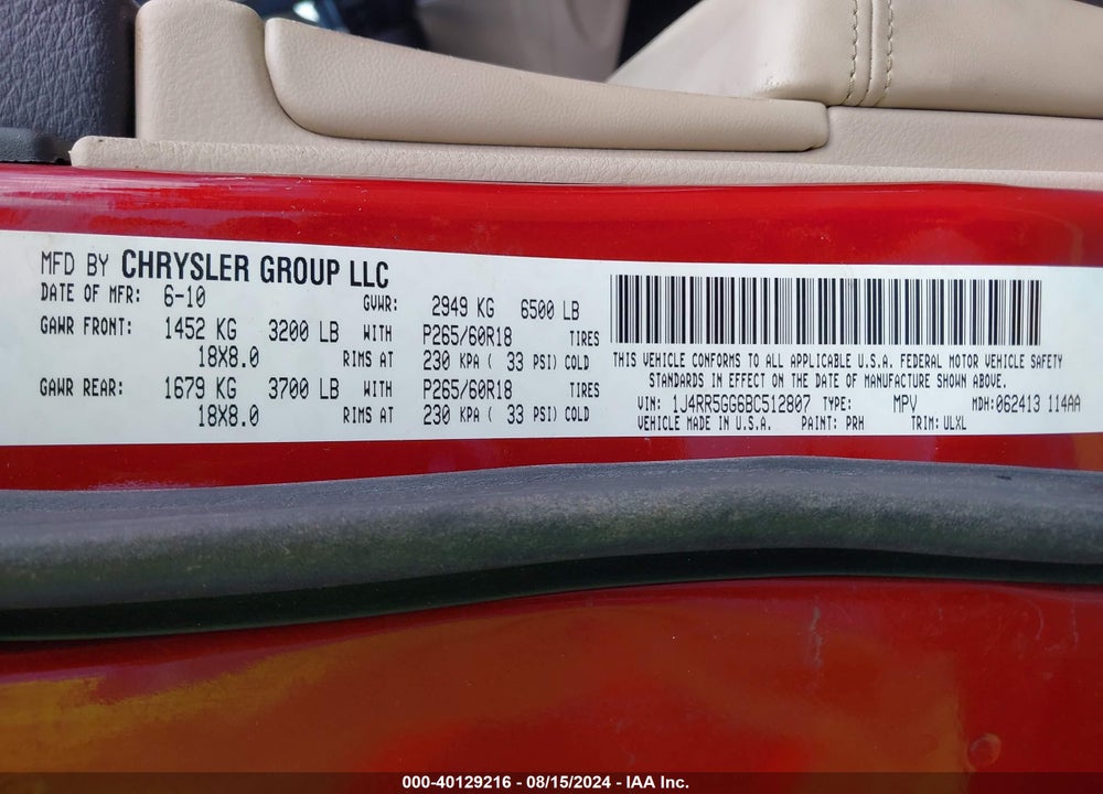 2011 JEEP GRAND CHEROKEE LIMITED VIN: 1J4RR5GG6BC512807