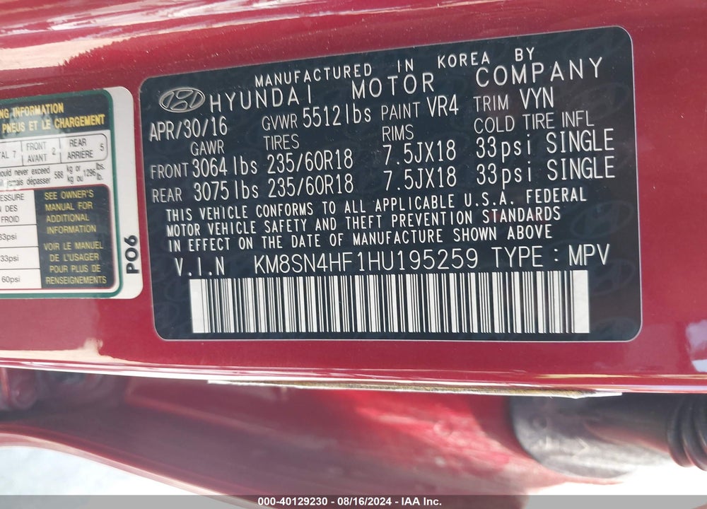 2017 HYUNDAI SANTA FE SE VIN: KM8SN4HF1HU195259