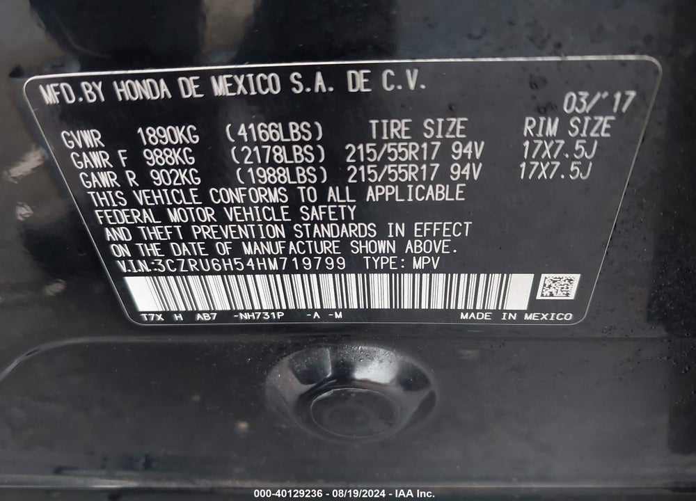2017 HONDA HR-V EX VIN: 3CZRU6H54HM719799
