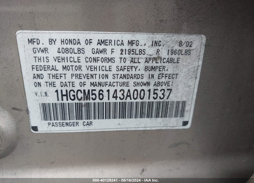 2003 HONDA ACCORD 2.4 DX VIN: 1HGCM56143A001537