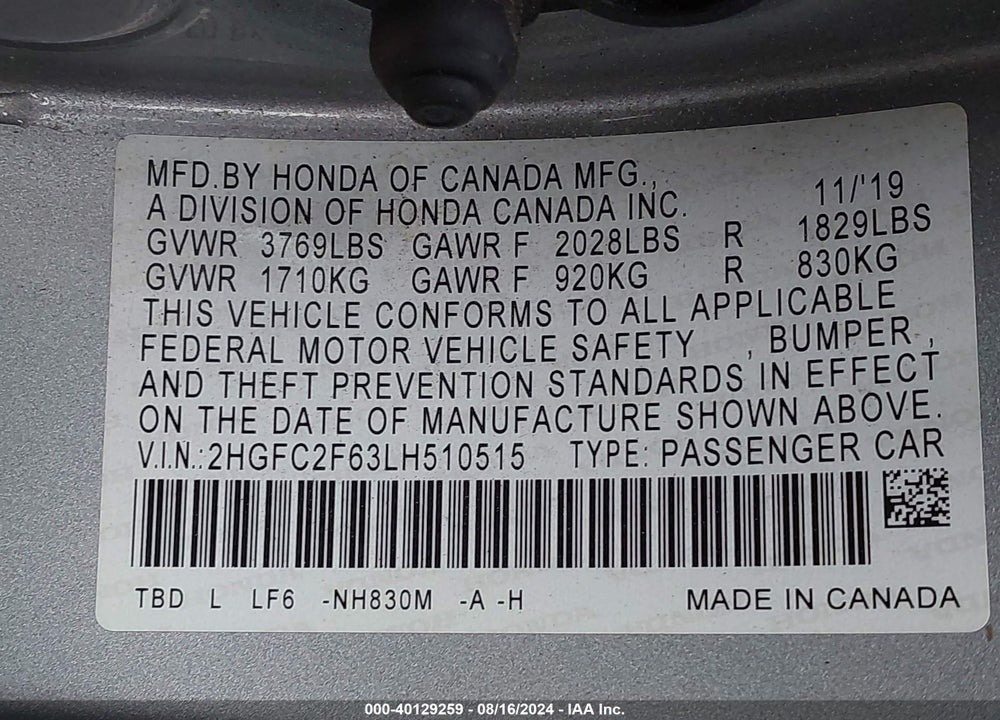 2020 HONDA CIVIC LX VIN: 2HGFC2F63LH510515