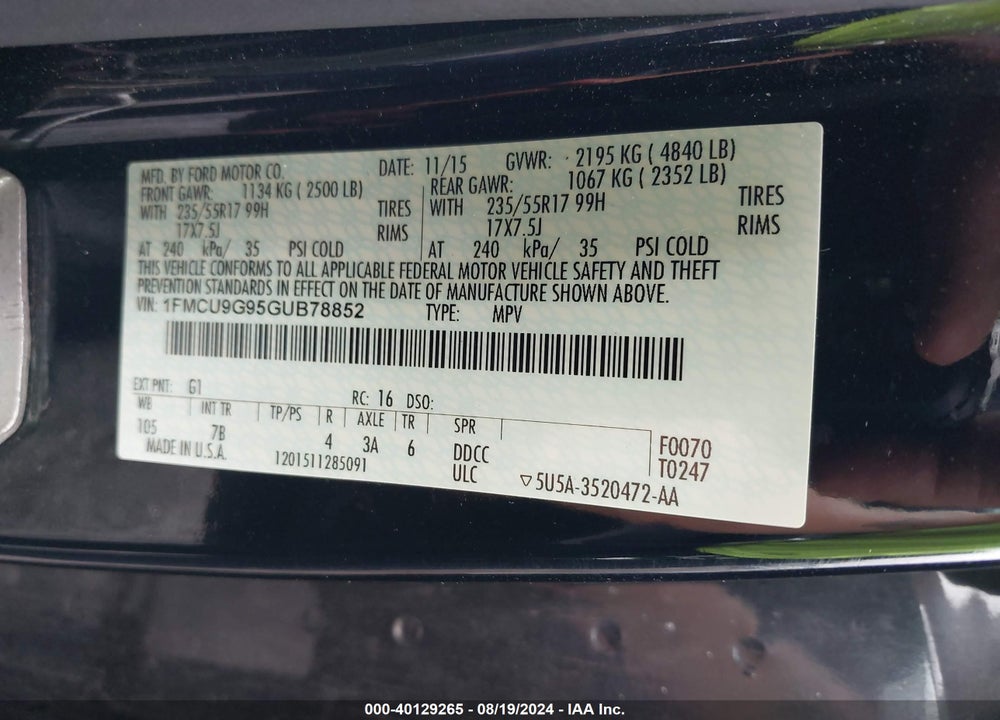 2016 FORD ESCAPE SE VIN: 1FMCU9G95GUB78852
