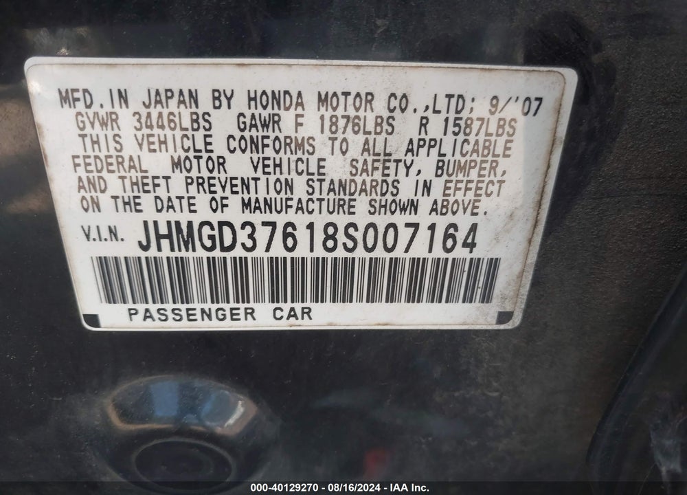2008 HONDA FIT SPORT VIN: JHMGD37618S007164