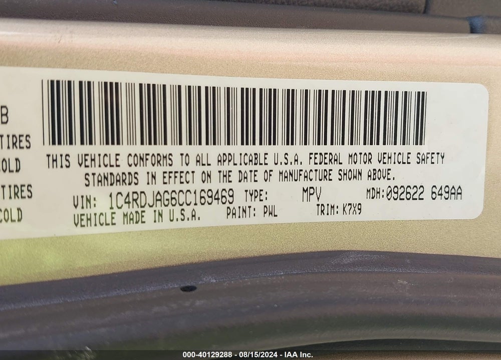2012 DODGE DURANGO SXT VIN: 1C4RDJAG6CC169469