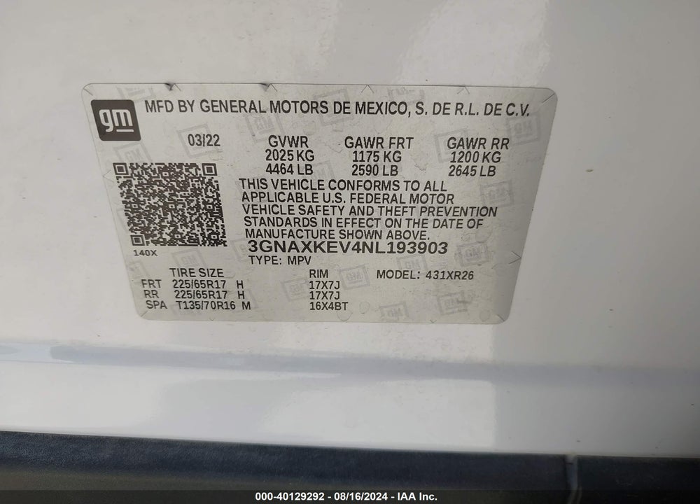 2022 CHEVROLET EQUINOX FWD LT VIN: 3GNAXKEV4NL193903