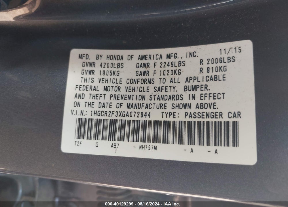2016 HONDA ACCORD VIN: 1HGCR2F3XGA072944