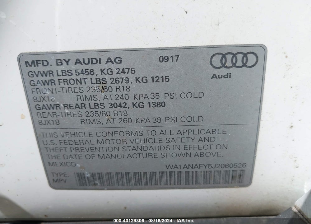 2018 AUDI Q5 2.0T PREMIUM/2.0T TECH PREMIUM VIN: WA1ANAFY5J2060526