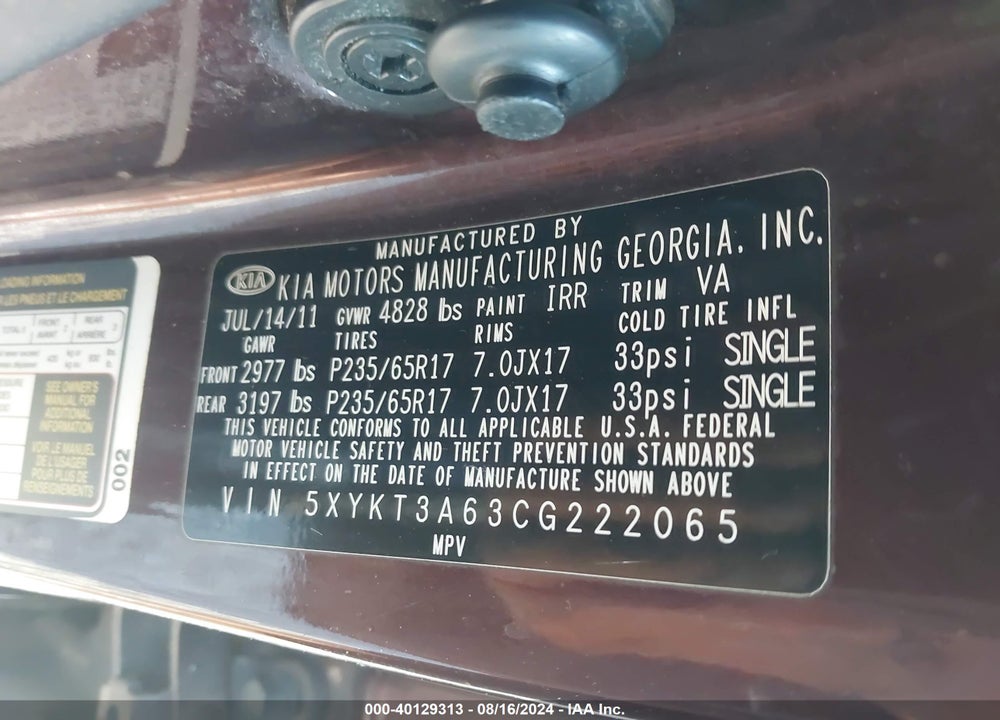 2012 KIA SORENTO LX VIN: 5XYKT3A63CG222065