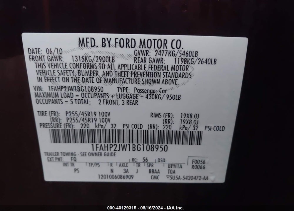 2011 FORD TAURUS LIMITED VIN: 1FAHP2JW1BG108950