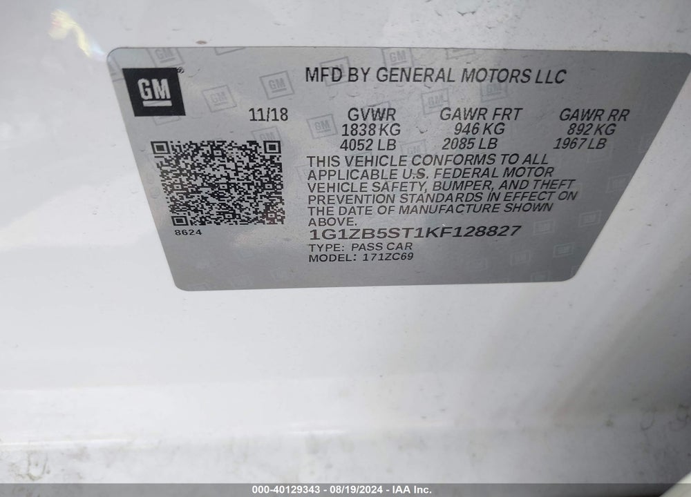 2019 CHEVROLET MALIBU 1LS VIN: 1G1ZB5ST1KF128827