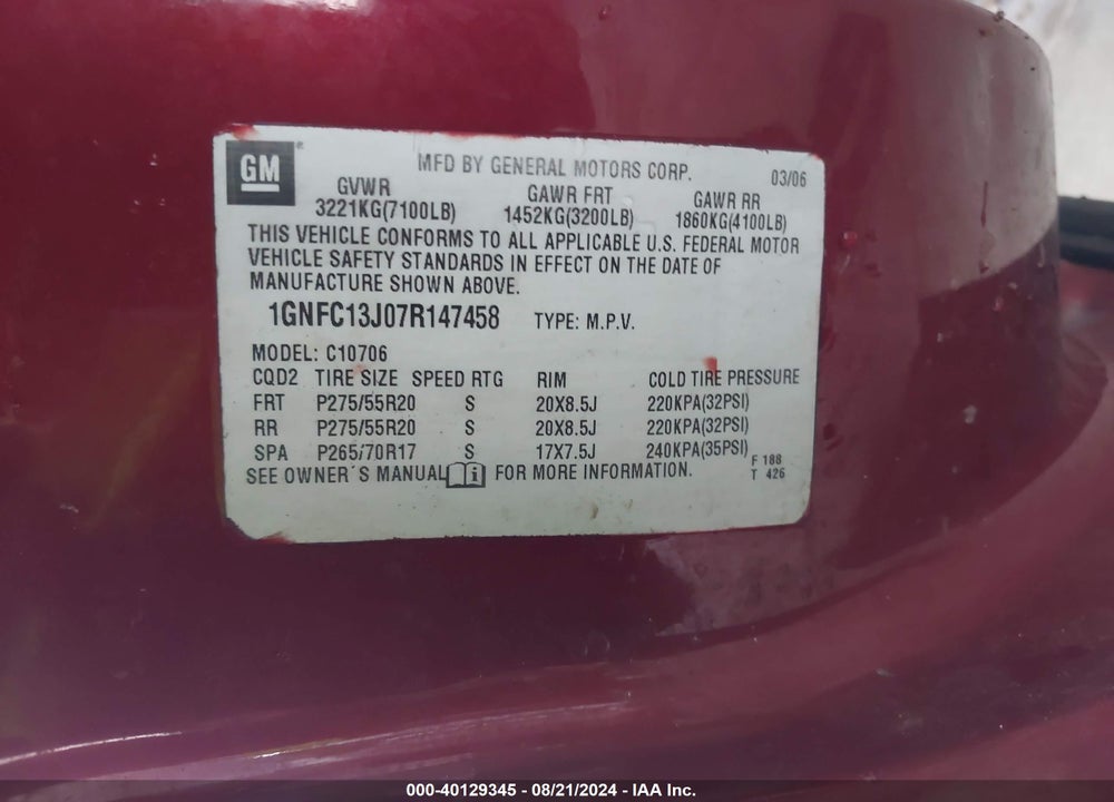 2007 CHEVROLET TAHOE LT VIN: 1GNFC13J07R147458