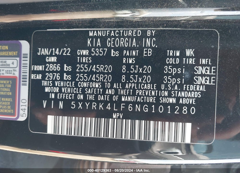 2022 KIA SORENTO SX PRESTIGE VIN: 5XYRK4LF6NG101280