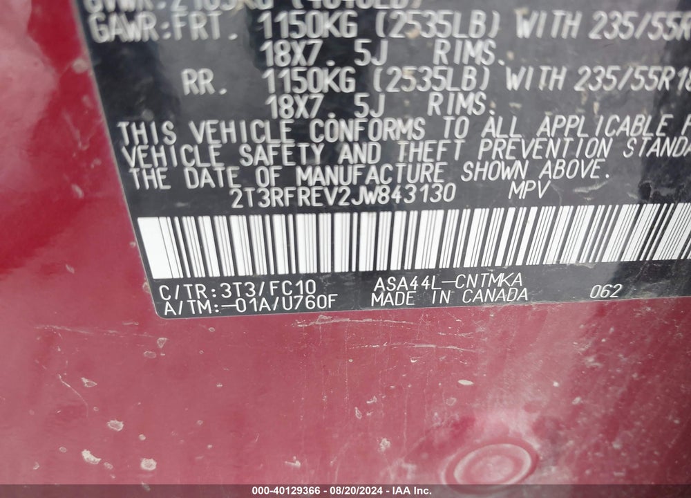 2018 TOYOTA RAV4 ADVENTURE VIN: 2T3RFREV2JW843130