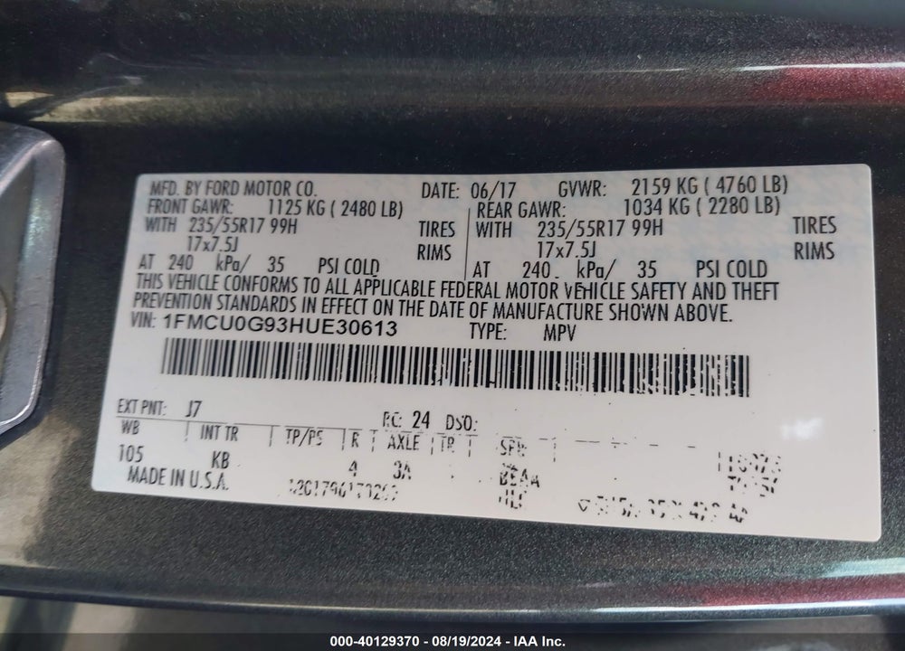 2017 FORD ESCAPE SE VIN: 1FMCU0G93HUE30613