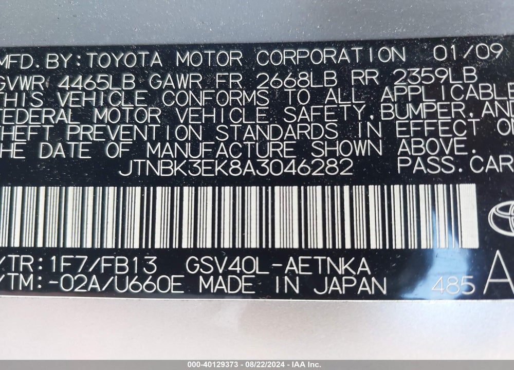 2010 TOYOTA CAMRY LE V6 VIN: JTNBK3EK8A3046282