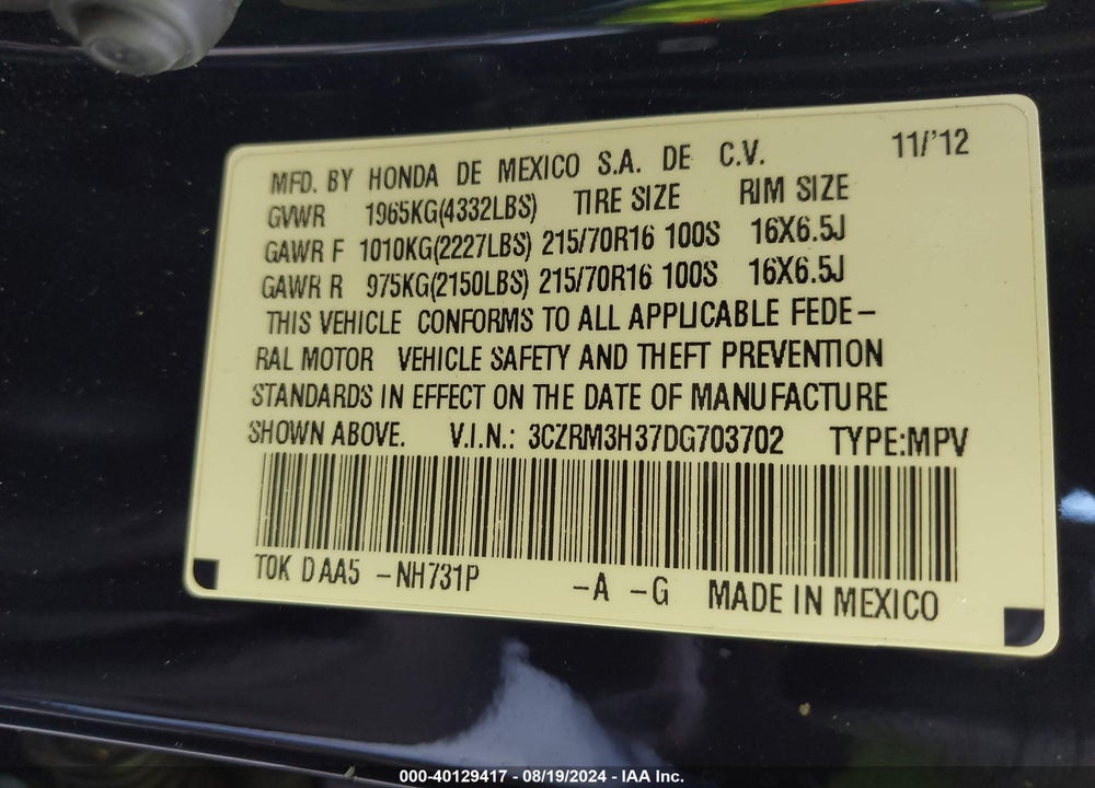 2013 HONDA CR-V LX VIN: 3CZRM3H37DG703702