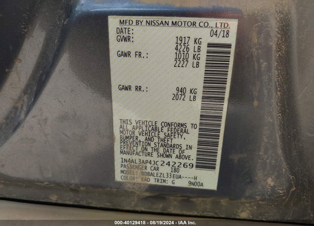 2018 NISSAN ALTIMA 2.5 S VIN: 1N4AL3AP4JC242269