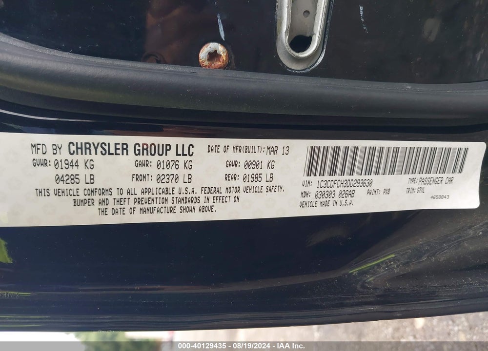 2013 DODGE DART LIMITED VIN: 1C3CDFCH3DD293630