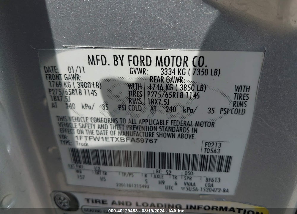 2011 FORD F-150 VIN: 1FTFW1ETXBFA59767
