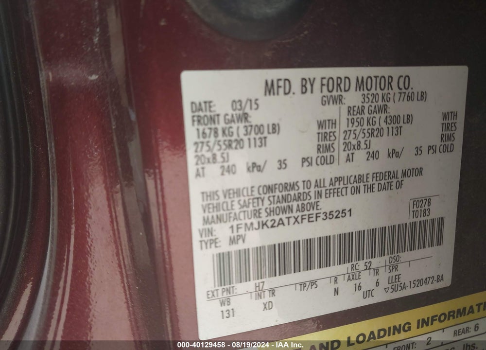 2015 FORD EXPEDITION EL LIMITED VIN: 1FMJK2ATXFEF35251