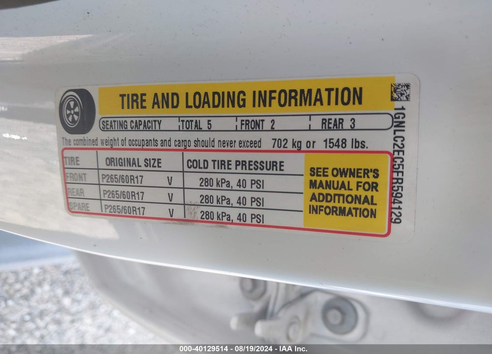 2015 CHEVROLET TAHOE COMMERCIAL FLEET VIN: 1GNLC2EC5FR594129
