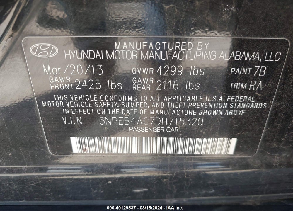 2013 HYUNDAI SONATA GLS VIN: 5NPEB4AC7DH715320
